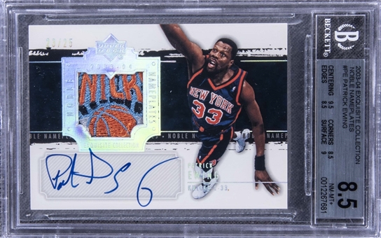 2003-04 UD "Exquisite Collection" Noble Nameplates #PE Patrick Ewing Signed Game Used Patch Card (#23/25) – BGS NM-MT+ 8.5/BGS 10